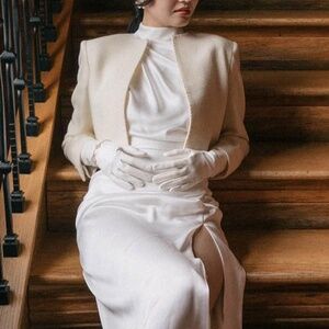 Tailored Cropped Wool Jacket Cream Padded Shoulder